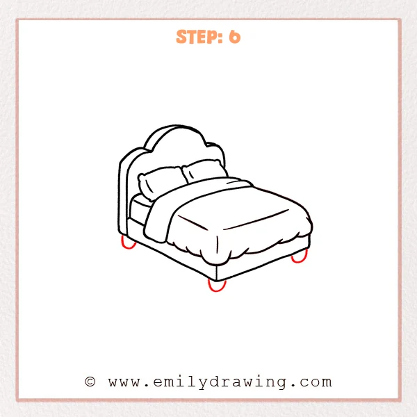 how to draw a cartoon bed - Cartoon bed with headboard, pillows, and puffy blanket, now with three small rounded legs drawn underneath the bed base.